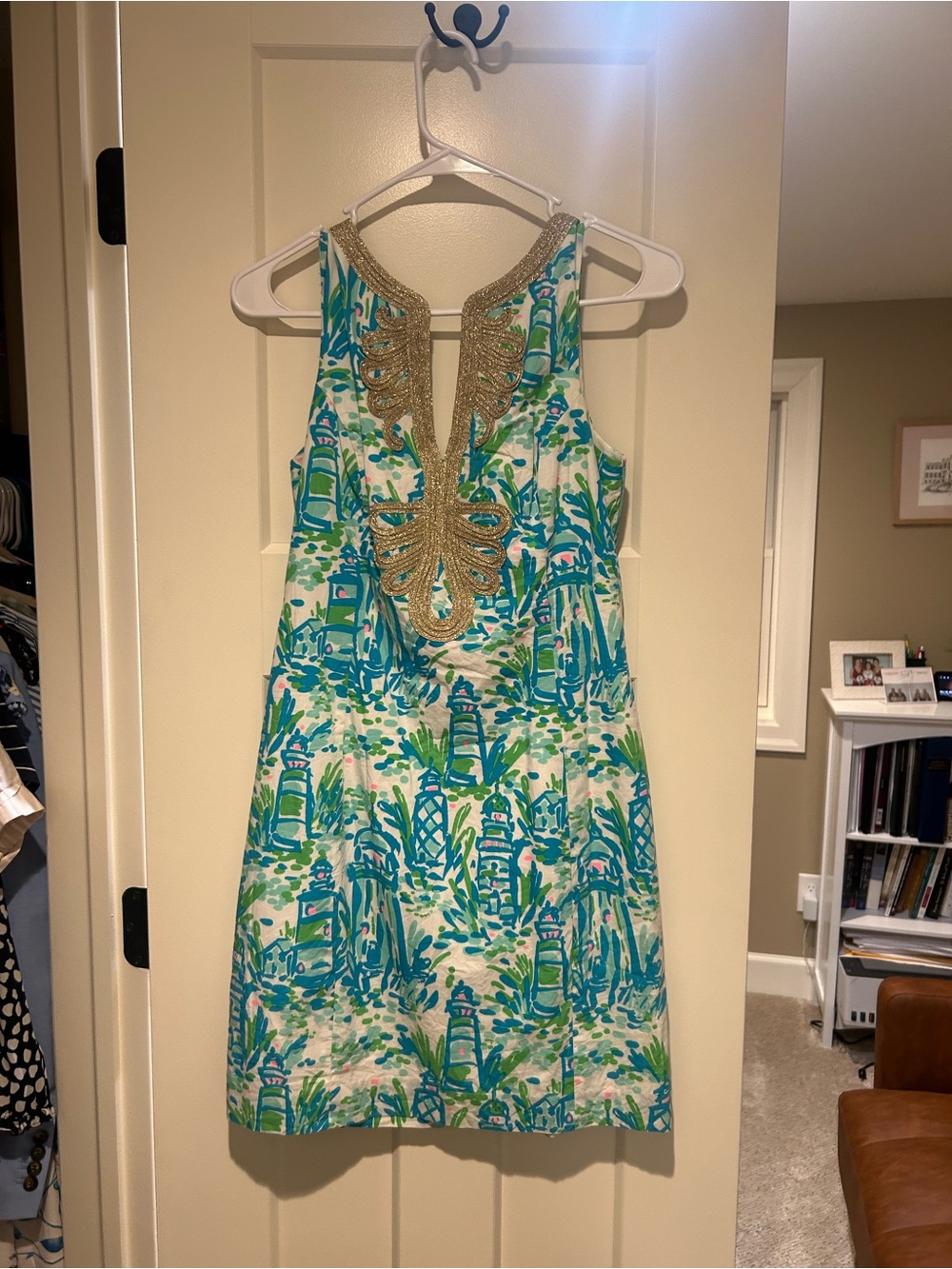 Lilly Pulitzer Teal, Turquoise & White Beaded Neckline Mini Dress